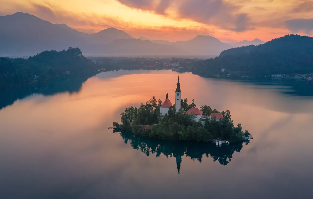 Photo wallpaper landscape, sunset, mountains, nature, lake, the evening, Church, island, Slovenia, Bled, Andrey Rodionov