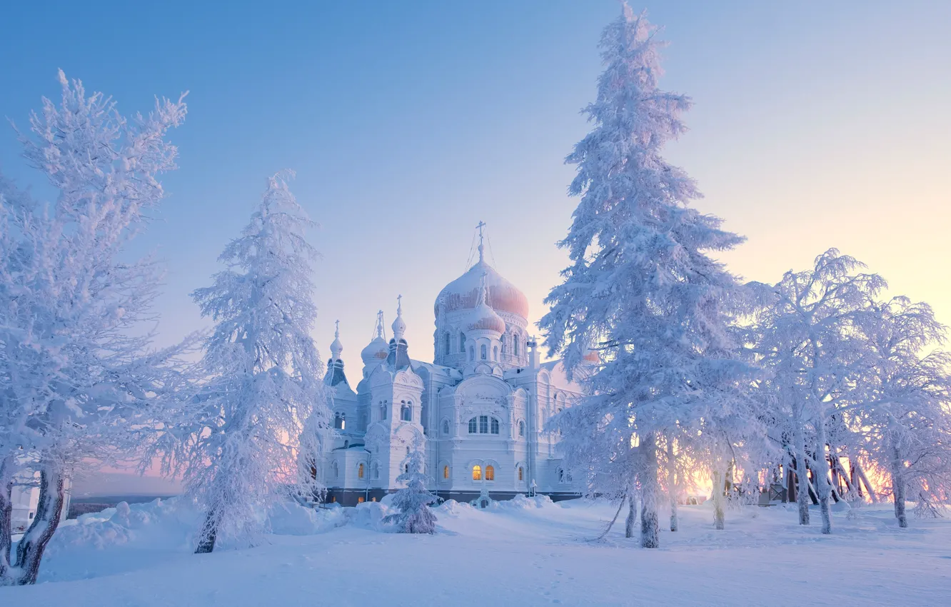 Photo wallpaper winter, snow, trees, morning, the snow, temple, Russia, Perm Krai, White mountain, Belogorsky Nicholas monastery, …