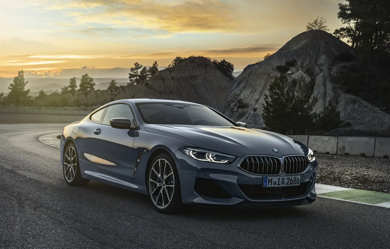 Photo wallpaper sunset, hills, vegetation, coupe, BMW, Coupe, 2018, gray-blue, 8-Series, pale blue, M850i xDrive, Eight, G15