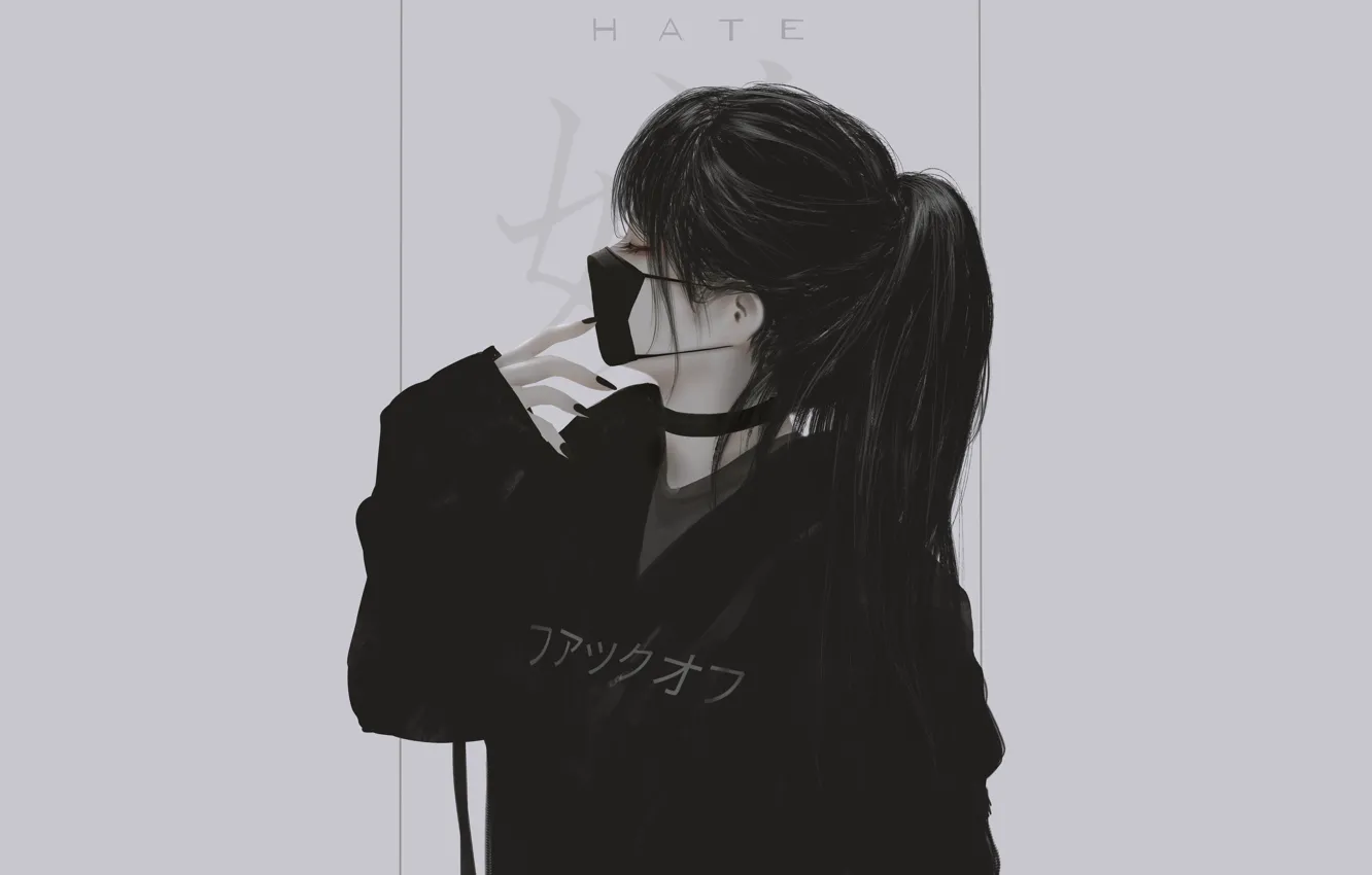 Wallpaper girl, black, long hair, style, art, mask, choker, Aoi Ogata ...