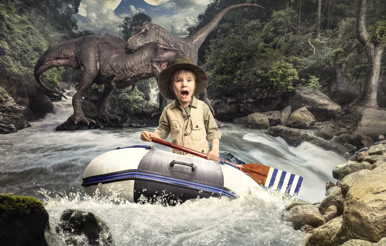 Photo wallpaper river, fright, boy, dinosaurs, horror, paddle, резиновая лодка, Михаил Новиков