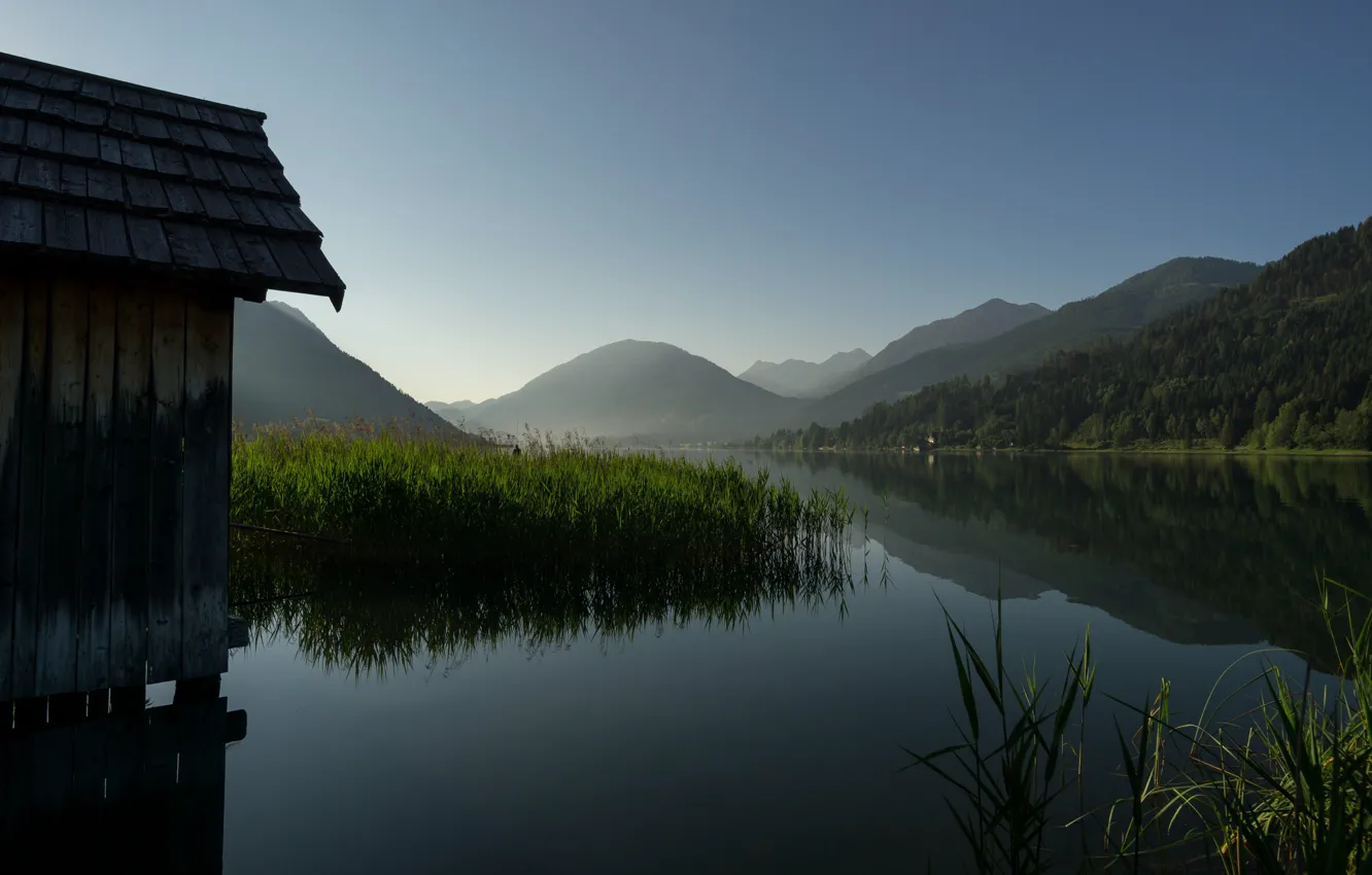 Photo wallpaper mountains, lake, fisherman, morning