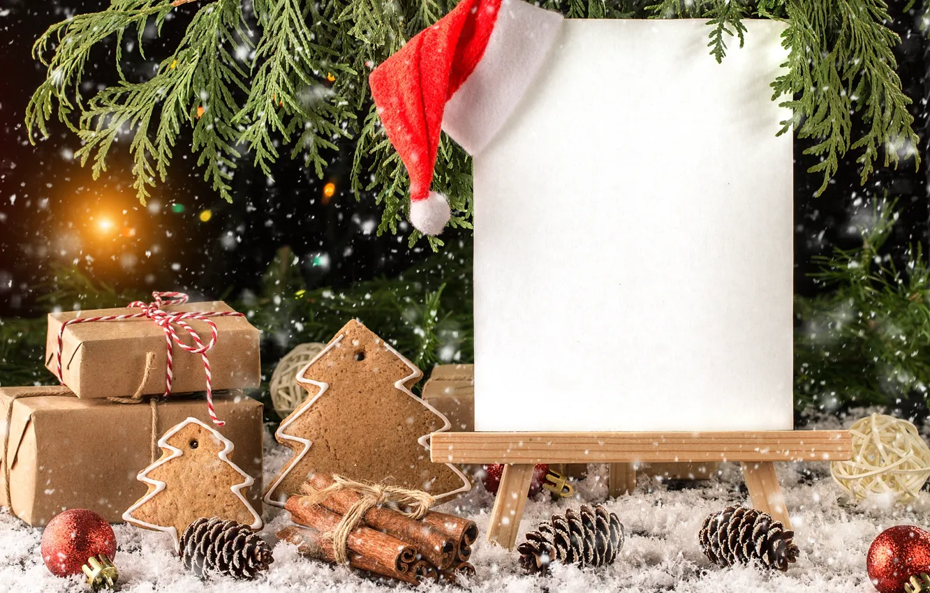 Photo wallpaper decoration, Christmas, New year, christmas, new year, wood, merry, decoration, gift box, santa hat, fir …