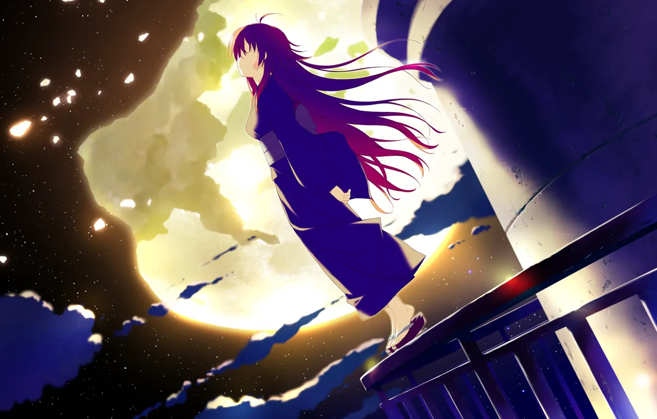Photo wallpaper kimono, the full moon, long hair, on the roof, starry night, visual novel, geta, irotoridori …
