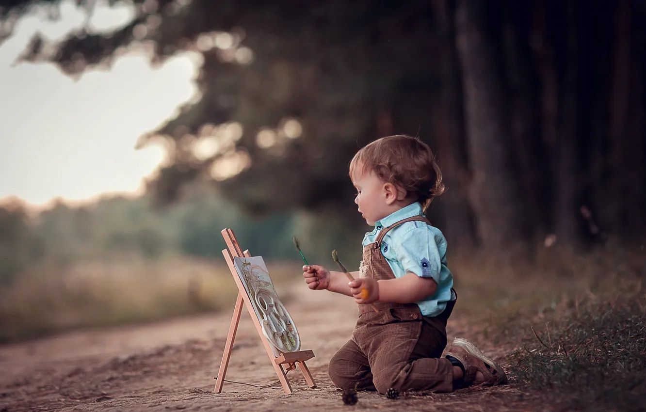 Photo wallpaper nature, boy, baby, track, artist, child, easel, Anna Ipatiev