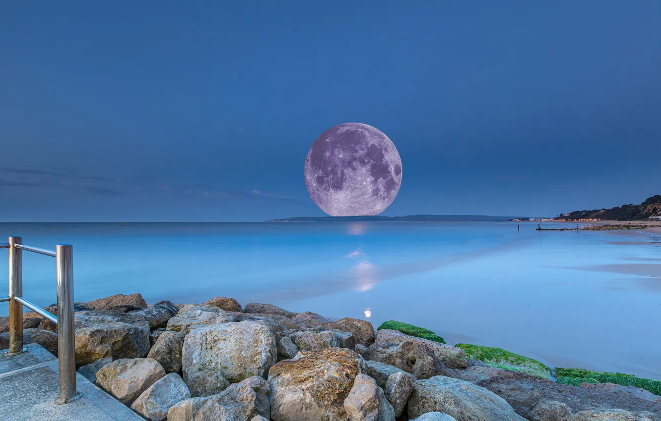 Photo wallpaper sea, beach, night, blue, stones, the moon, shore, coast, the fence, surf, huge, the full …