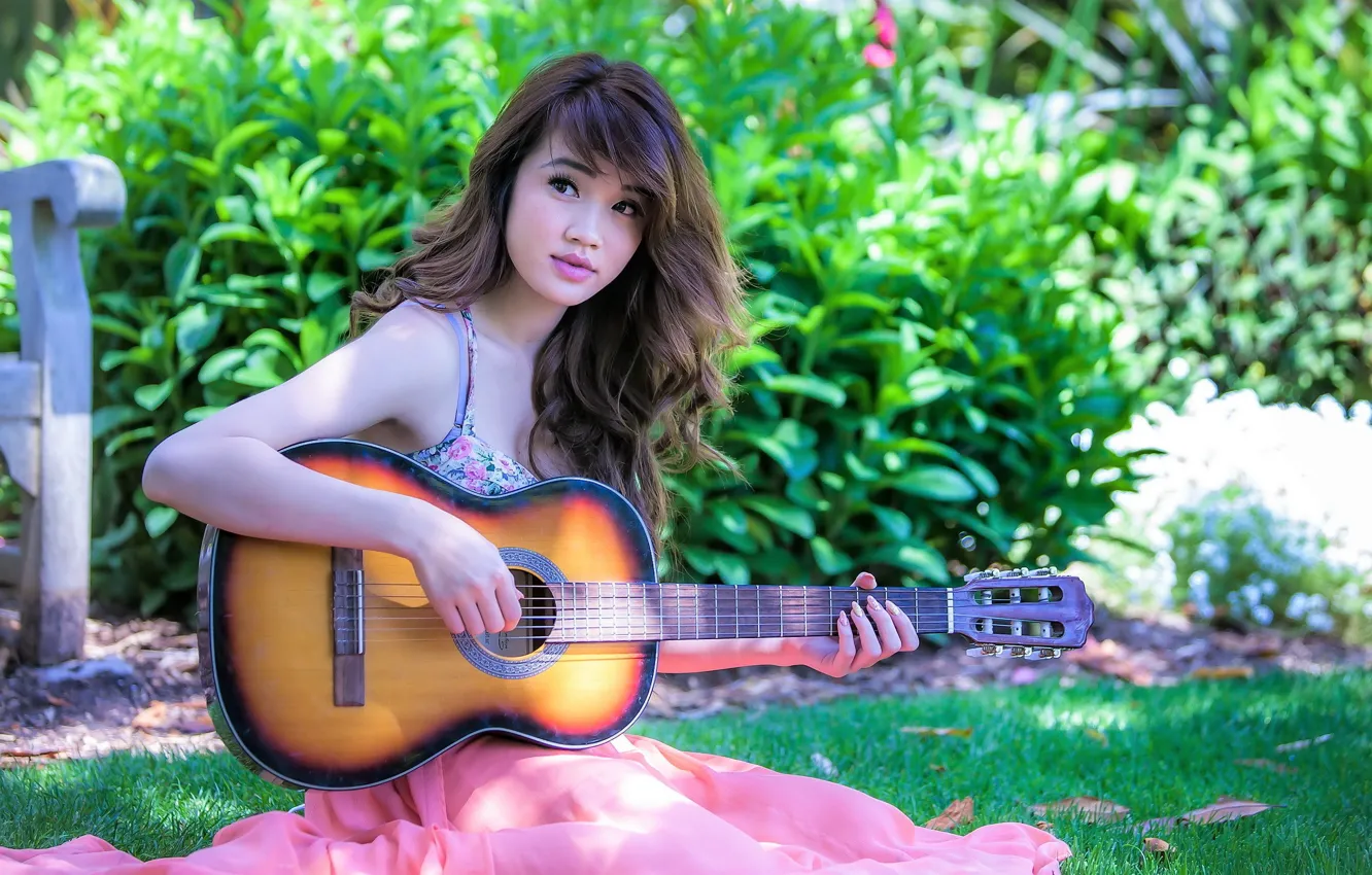 Photo wallpaper guitar, Asian, brunette, cute, musician, outdoors
