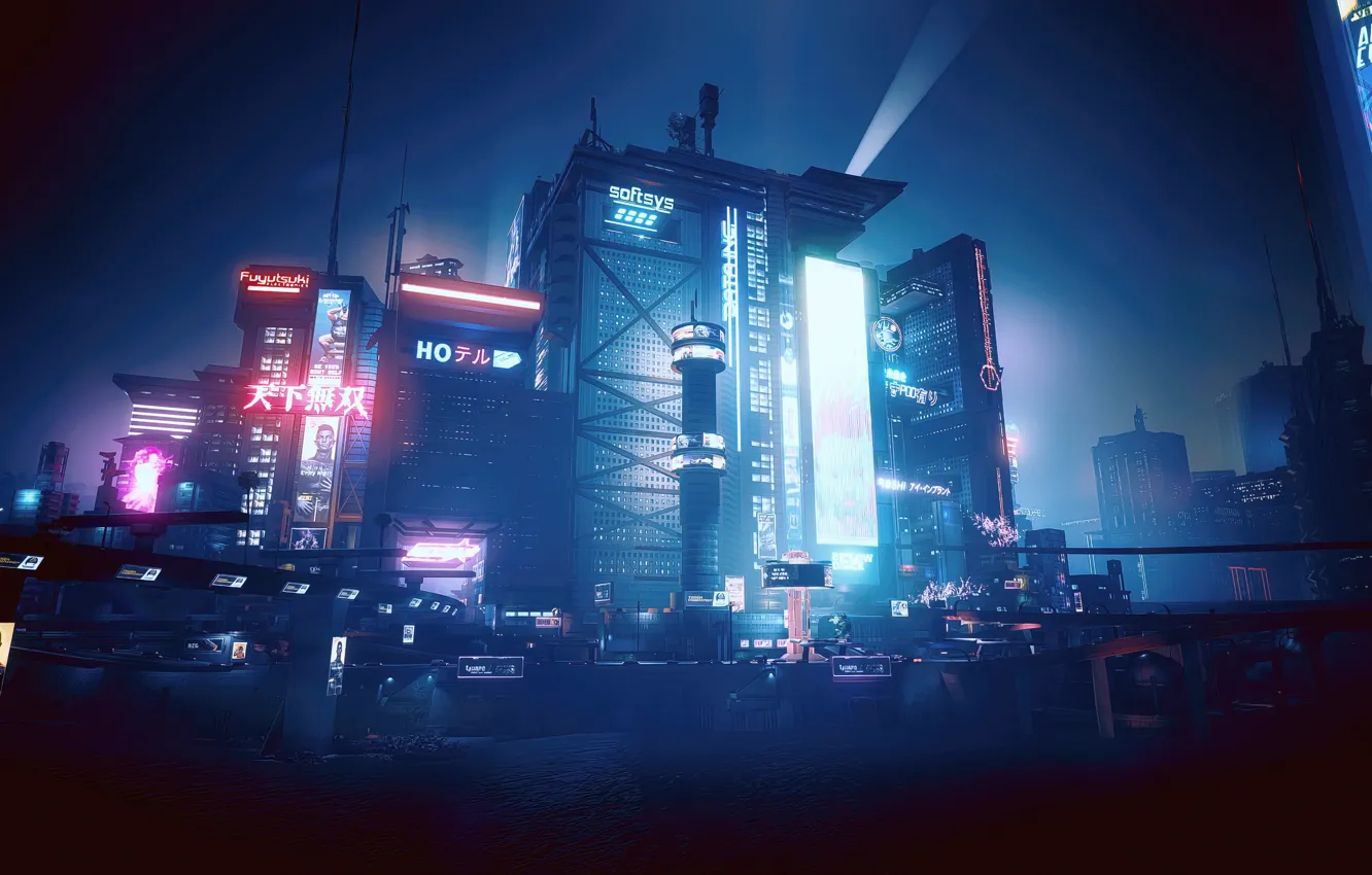 Wallpaper landscape, blue, cyberpunk, cyan, night city, Cyberpunk 2077, city  night images for desktop, section игры - download