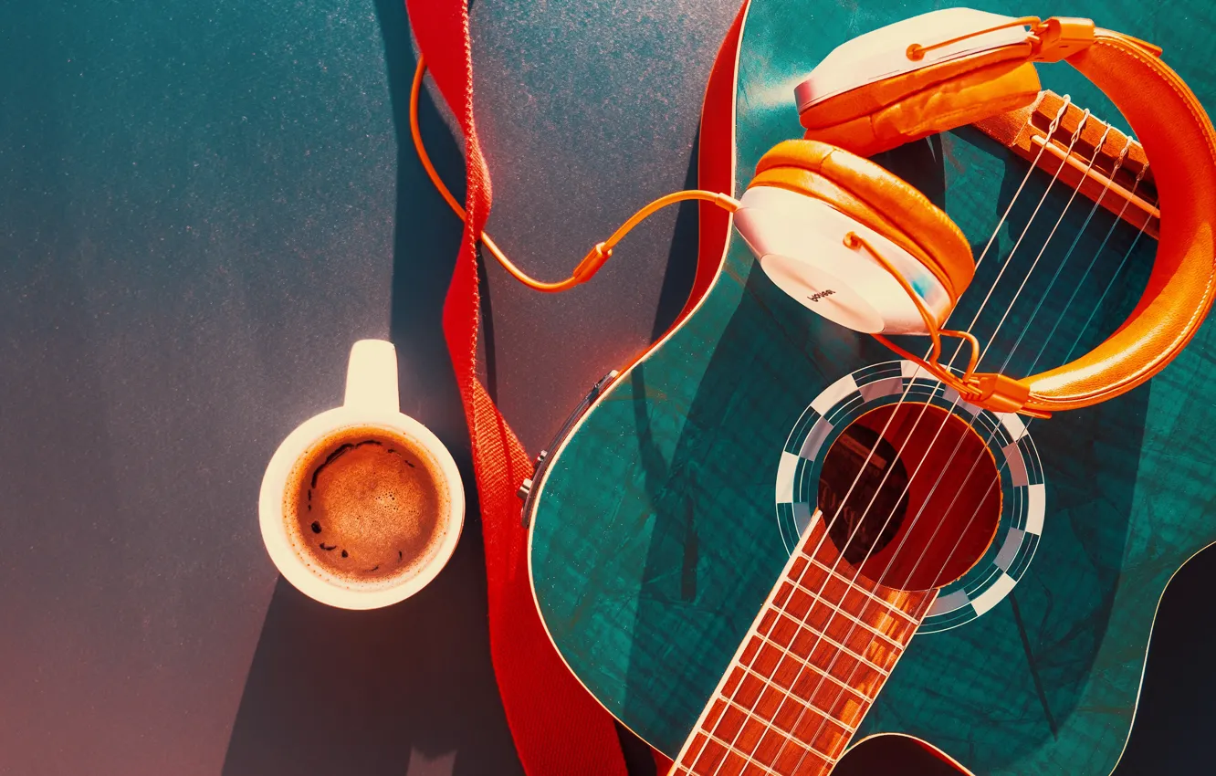 Wallpaper music, background, stay, guitar, coffee, headphones, mug, drink,  musical instrument images for desktop, section музыка - download