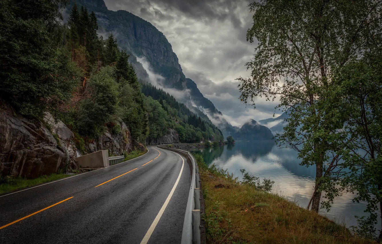 Photo wallpaper road, trees, mountains, lake, Norway