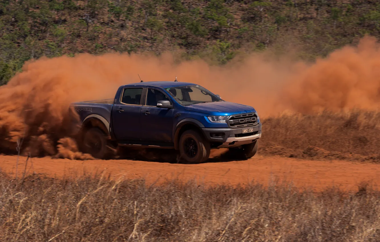 Photo wallpaper blue, Ford, dust, Raptor, pickup, 2018, Ranger, dirt road
