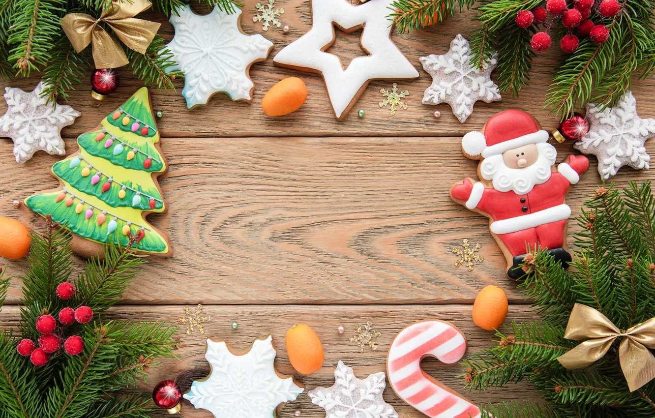 Photo wallpaper decoration, New Year, Christmas, christmas, wood, merry, cookies, decoration, gingerbread, gingerbread, fir tree, fir-tree branches