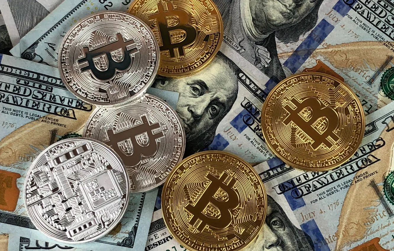 Photo wallpaper blur, dollar, coins, dollar, bitcoin, bitcoin, btc