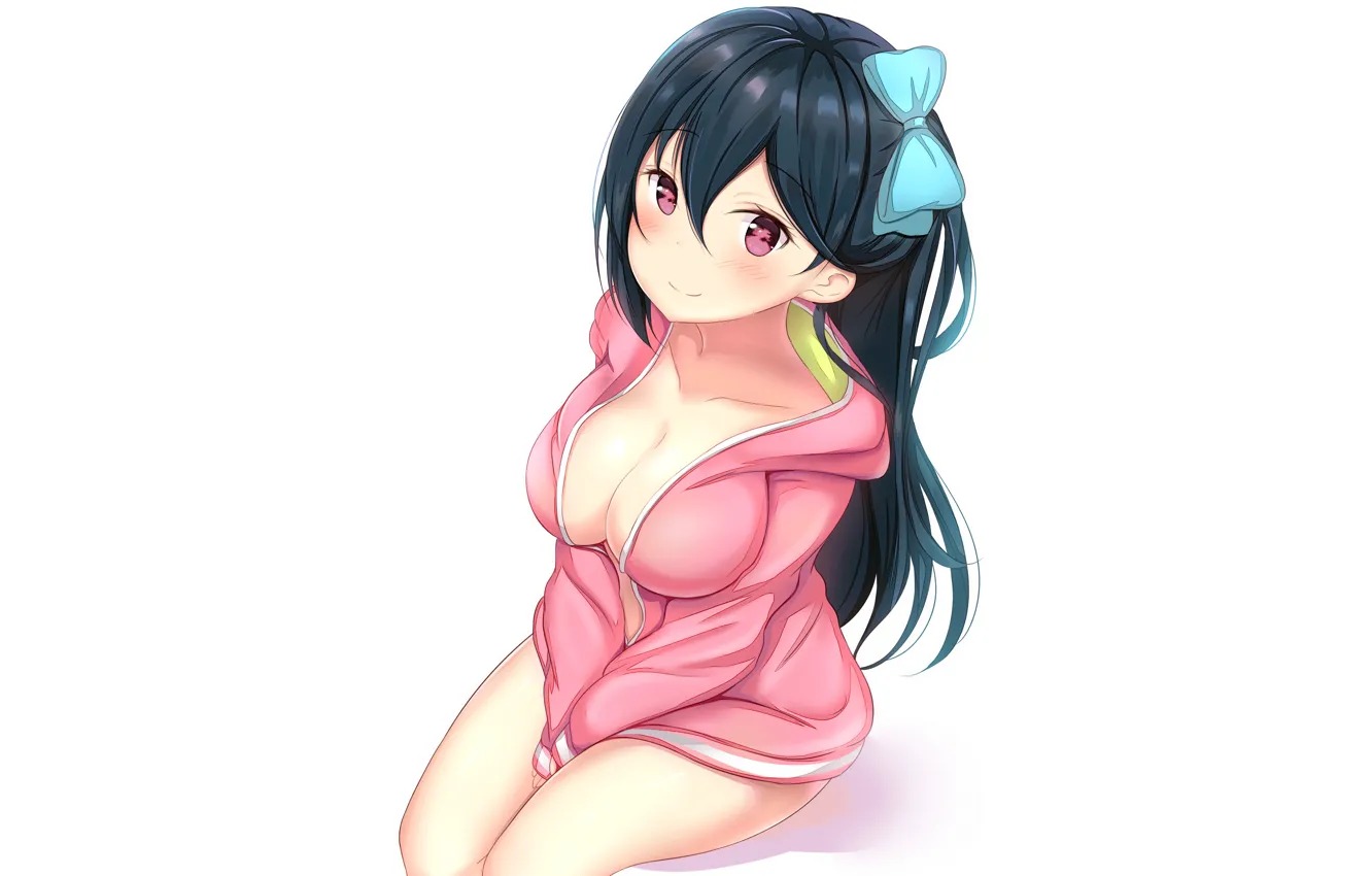 Photo wallpaper girl, sexy, cleavage, long hair, boobs, anime, beautiful, pretty, brunette, breasts, attractive, handsome, hoodie, pink …
