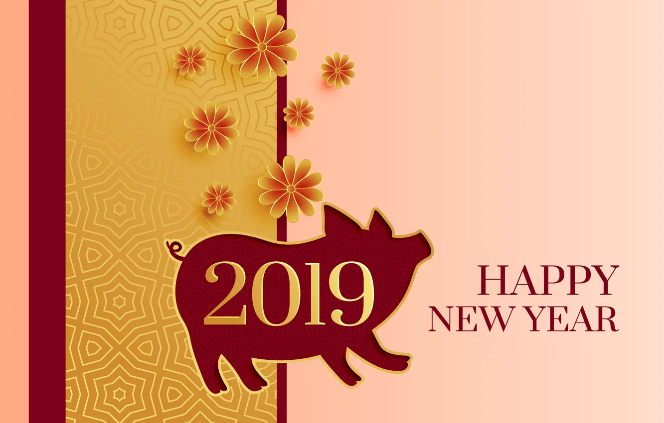 Photo wallpaper flowers, New year, pig, 2019