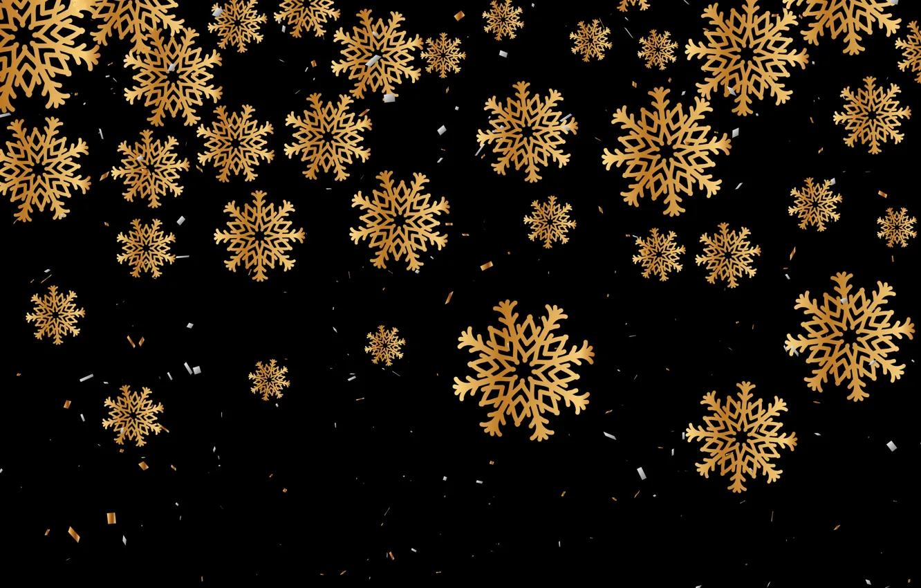 Photo wallpaper decoration, snowflakes, gold, Christmas, New year, golden, christmas, black background, new year, happy, background, merry, …