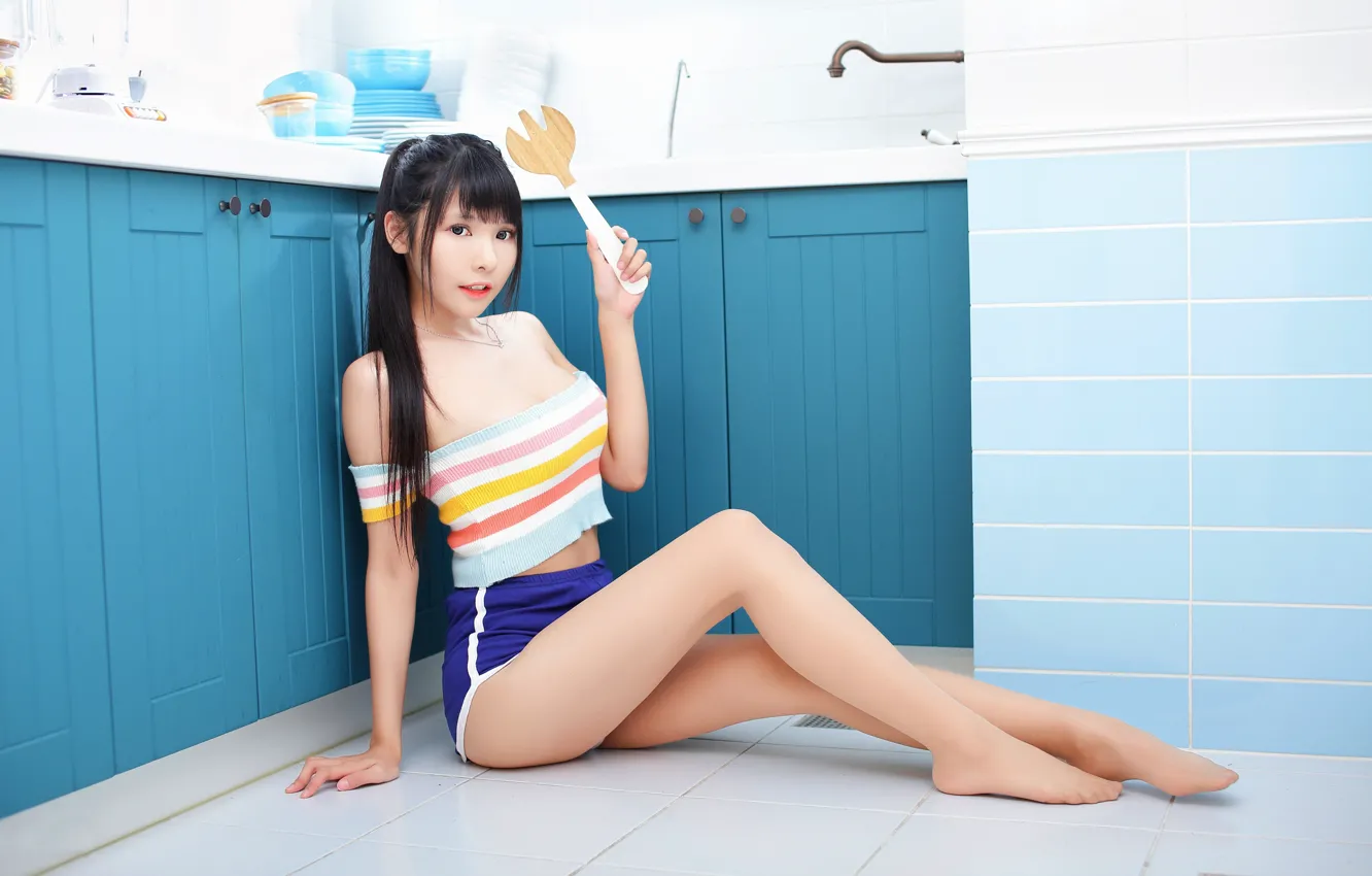 Photo wallpaper girl, beautiful, handsome, asian girl, kitchen, 2021, goodly