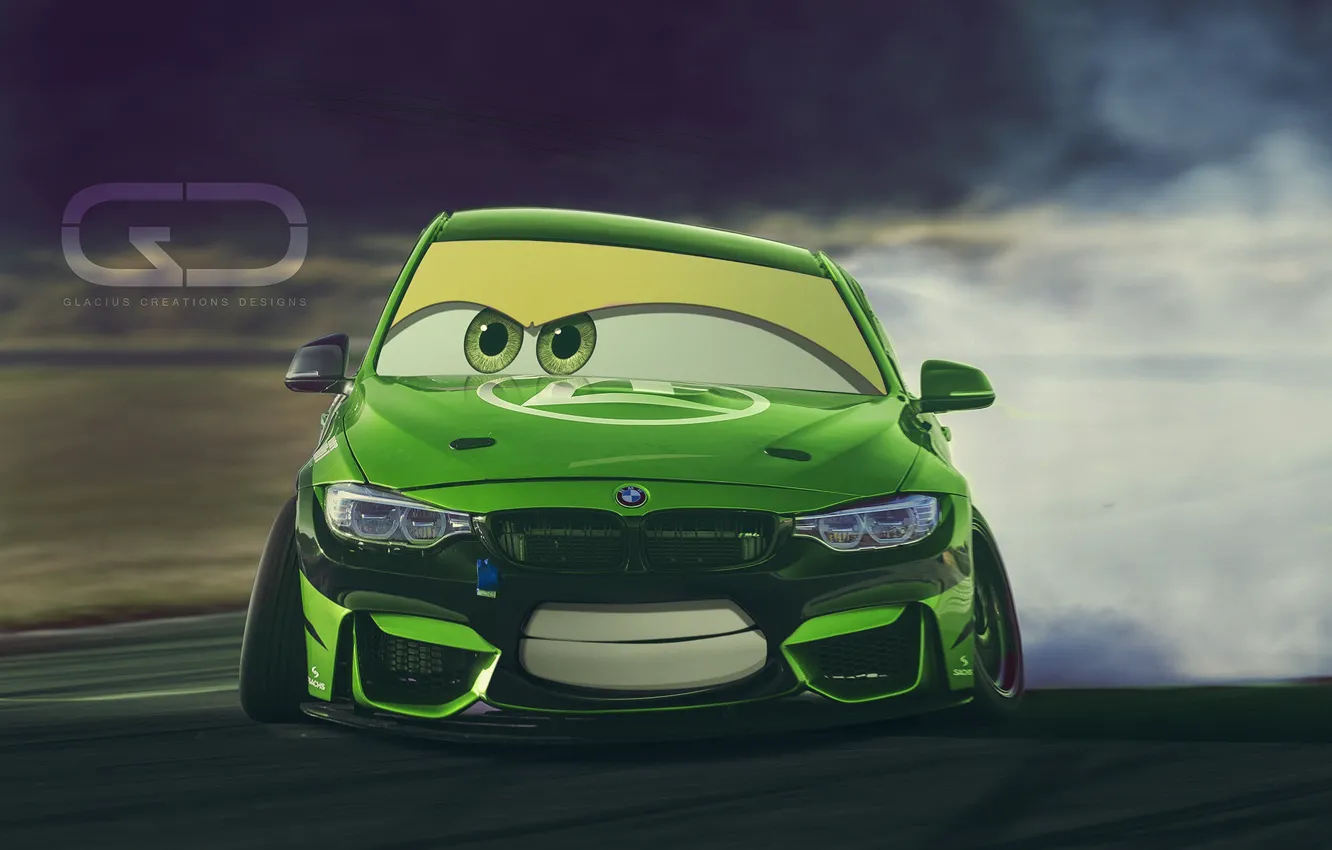 Photo wallpaper Auto, BMW, Green, Machine, Smile, Eyes, Art, Cars, Art, Smile, Cars, BMW M3, Christer Stormark, …