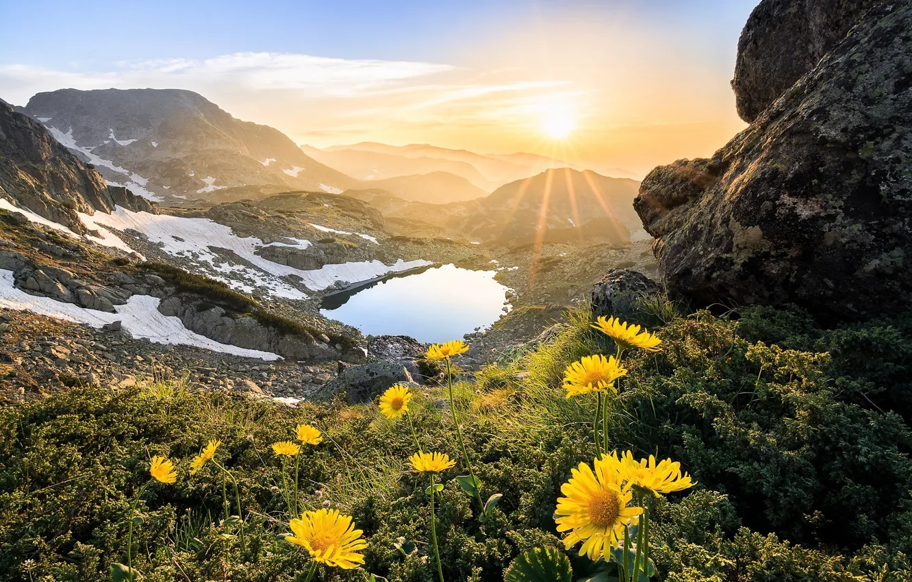 Photo wallpaper nature, flowers, glow, mountains, lake, snow, sun, Bulgaria