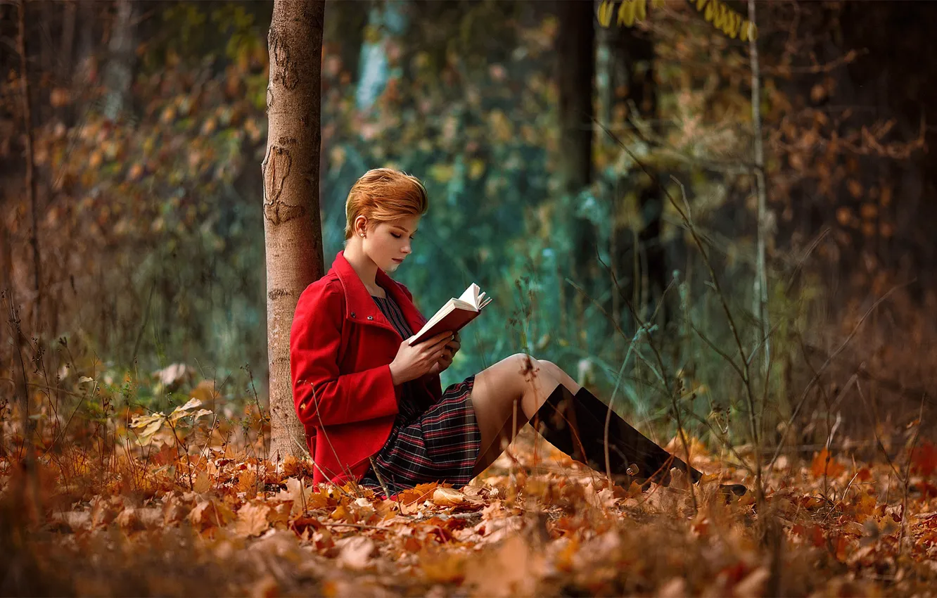 Photo wallpaper autumn, leaves, trees, nature, pose, Park, mood, model, boots, makeup, dress, jacket, hairstyle, book, legs, …