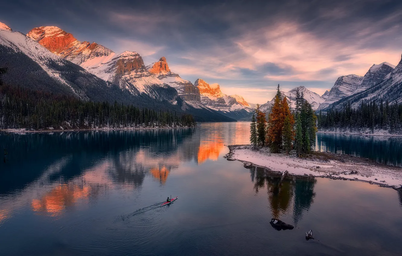 Photo wallpaper mountains, lake, island, Canada, Albert, Alberta, Canada, Jasper National Park, Jasper national Park, Canadian Rockies, …