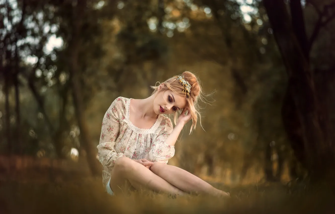 Photo wallpaper trees, pose, Park, model, portrait, makeup, hairstyle, blonde, beauty, sitting, on the grass, nature, bokeh, …