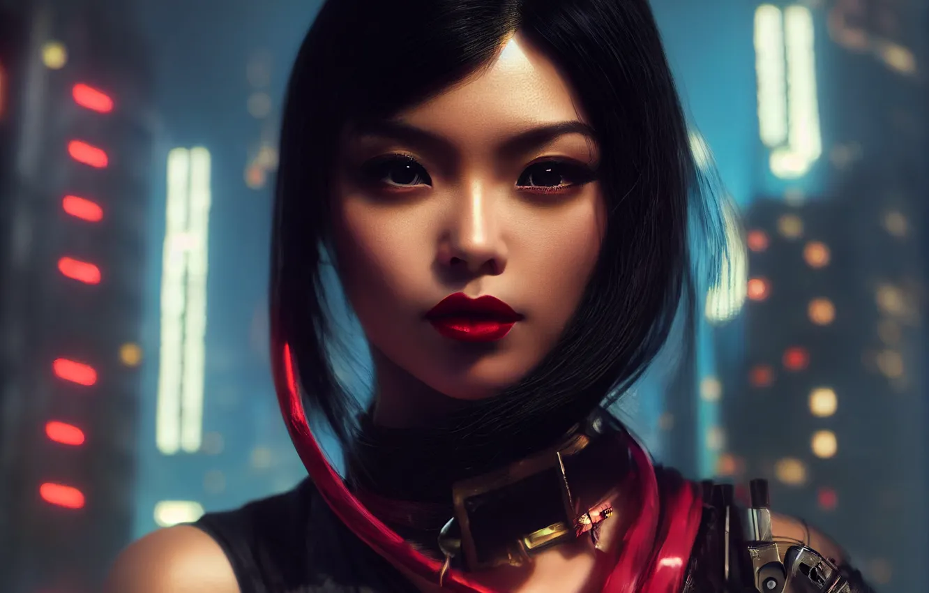 Photo wallpaper look, girl, face, Asian, cyberpunk, red lipstick