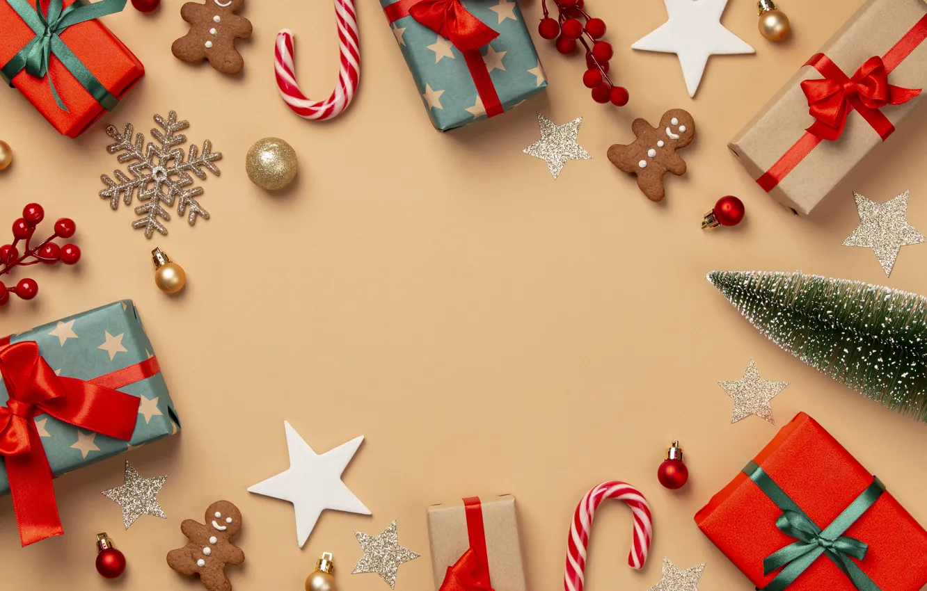 Photo wallpaper snowflakes, cookies, Christmas, gifts, New year, tree, christmas, new year, bow, bow, Новогодний фон