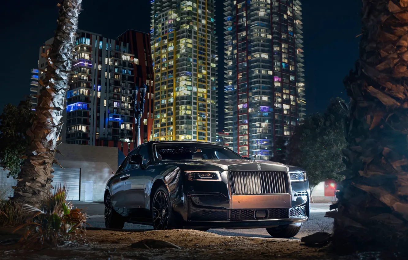 Photo wallpaper Rolls-Royce, Ghost, Front, Black, Side, Town, Rolls-Royce Ghost, Black Badge, 2022
