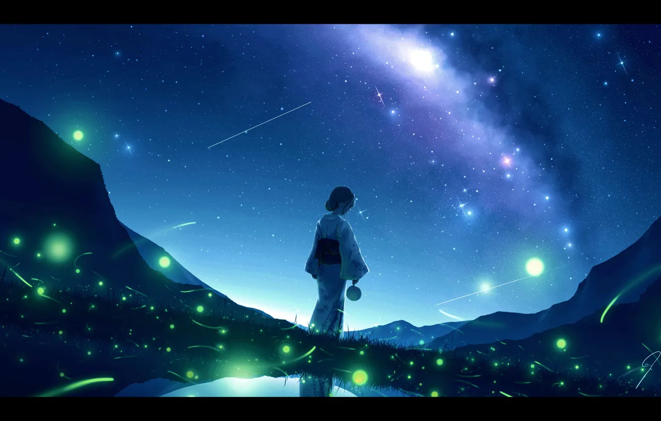 Wallpaper water, girl, night, nature, fireflies, the milky way, yukata  images for desktop, section арт - download
