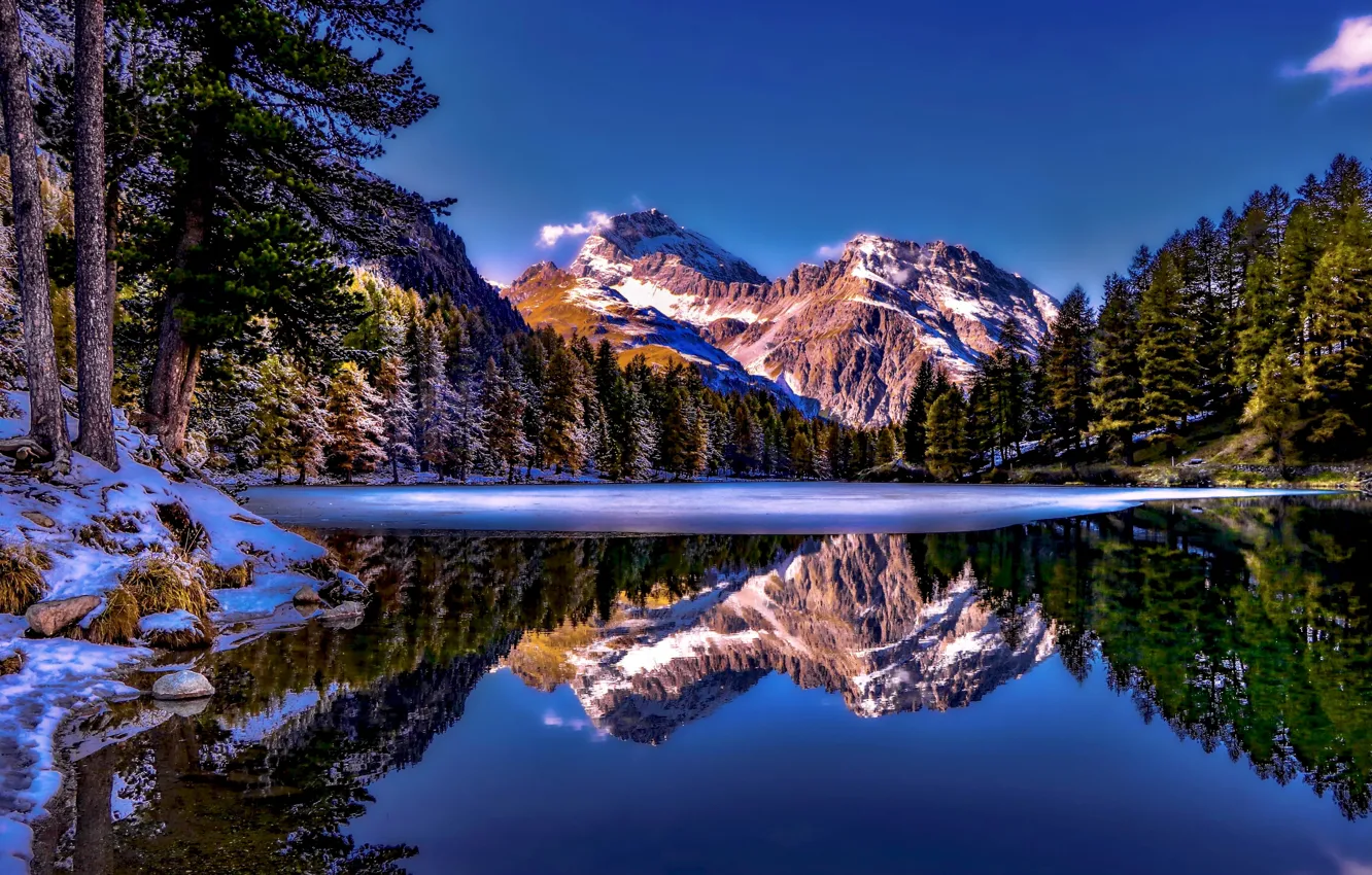 Photo wallpaper forest, snow, mountains, lake, reflection, Alps, Switzerland, Alps, Switzerland, The bergu, Bergün, Albula Pass, Lai …