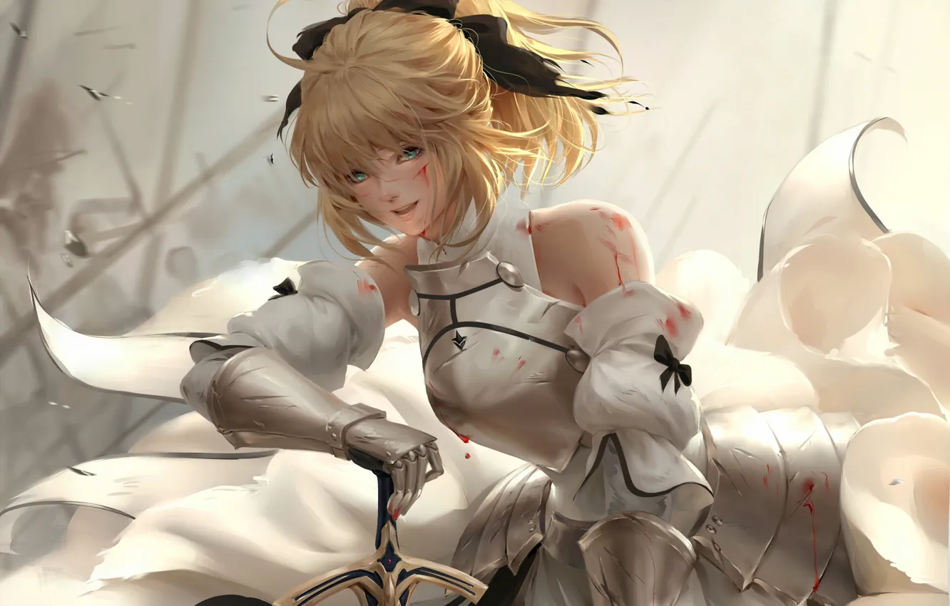 Photo wallpaper Girl, Blonde, Illustration, Face, Battle, Characters, Armor, Saber Lily, Chuby Mi, FGO