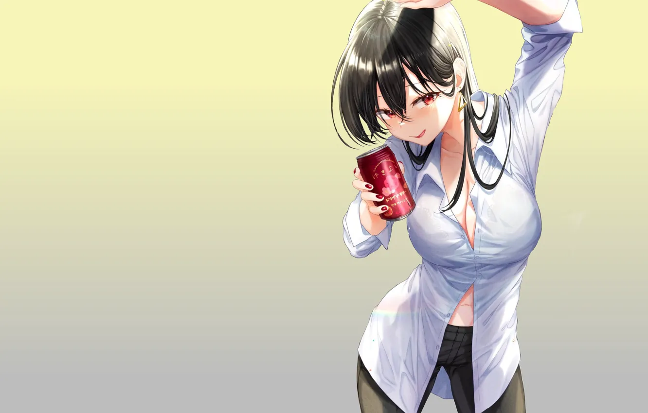 Wallpaper red, girl, sexy, Anime, pretty, lady, beer, cute, Cleavage, shy,  high, drunk, tight shirt, button shirt images for desktop, section сёнэн -  download
