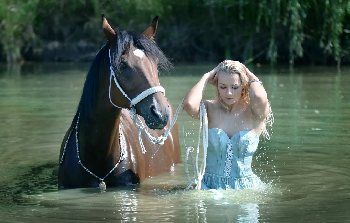 Photo wallpaper water, trees, horse, blonde, white dress, trees, beautiful girl, water, charm, horse, beautiful girl, blonde, …