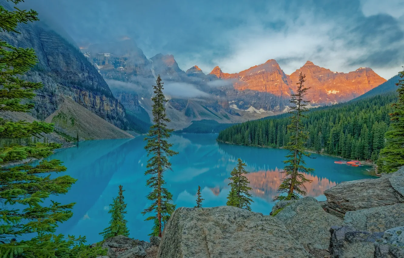 Photo wallpaper forest, trees, mountains, lake, morning, Canada, Albert, Banff National Park, Alberta, Canada, Moraine Lake, Valley …