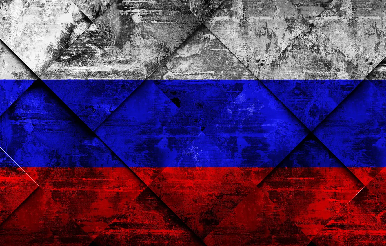 Photo wallpaper Russia, Europe, Flag, Russian Federation, Russian Flag, Flag Of Russia, Grunge Art, Rhombus Grunge Texture