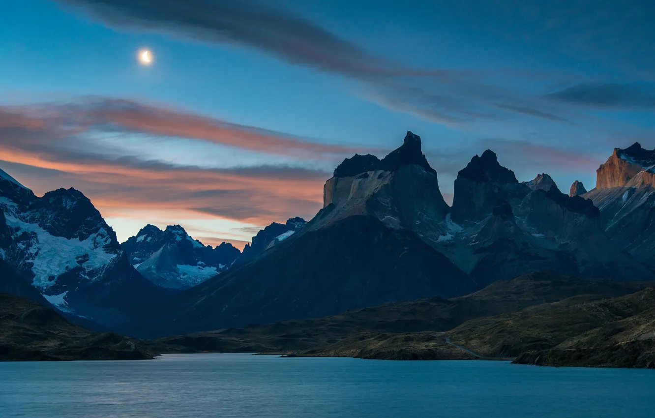 Photo wallpaper the sky, clouds, mountains, night, nature, the moon, tops, the evening, twilight, pond, Chile, Andes, …