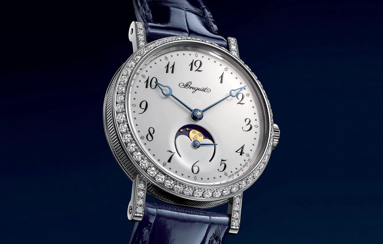 Photo wallpaper time, style, watch, rhinestones, dial, blue background, watches, ladies watch Breguet, the phases of the …