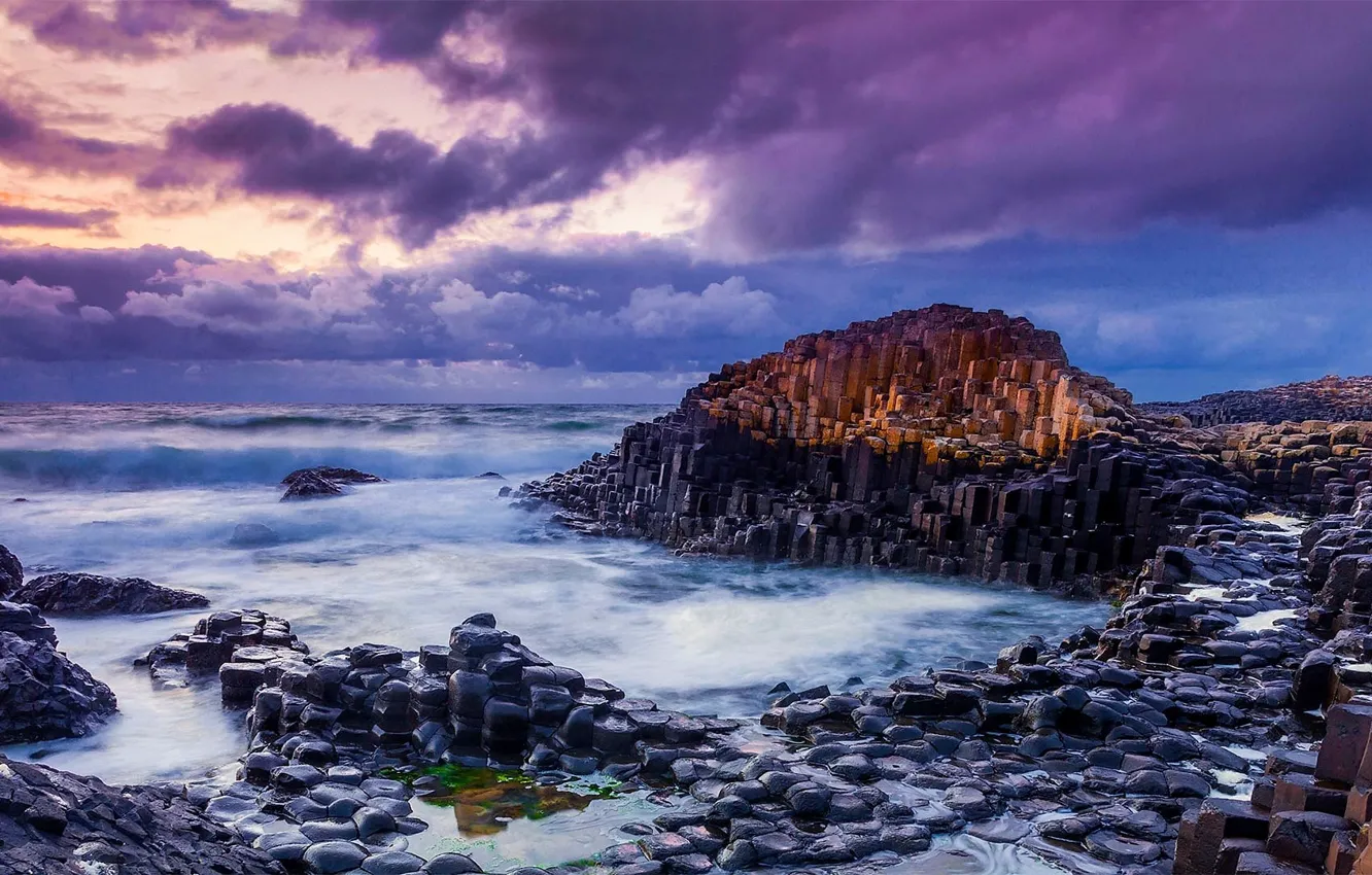 Photo wallpaper waves, storm, ocean, clouds, Ireland, Giant's causeway