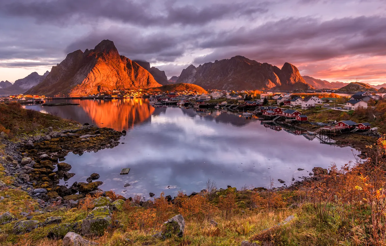 Photo wallpaper autumn, clouds, light, landscape, sunset, mountains, nature, reflection, stones, shore, vegetation, the evening, Norway, houses, …