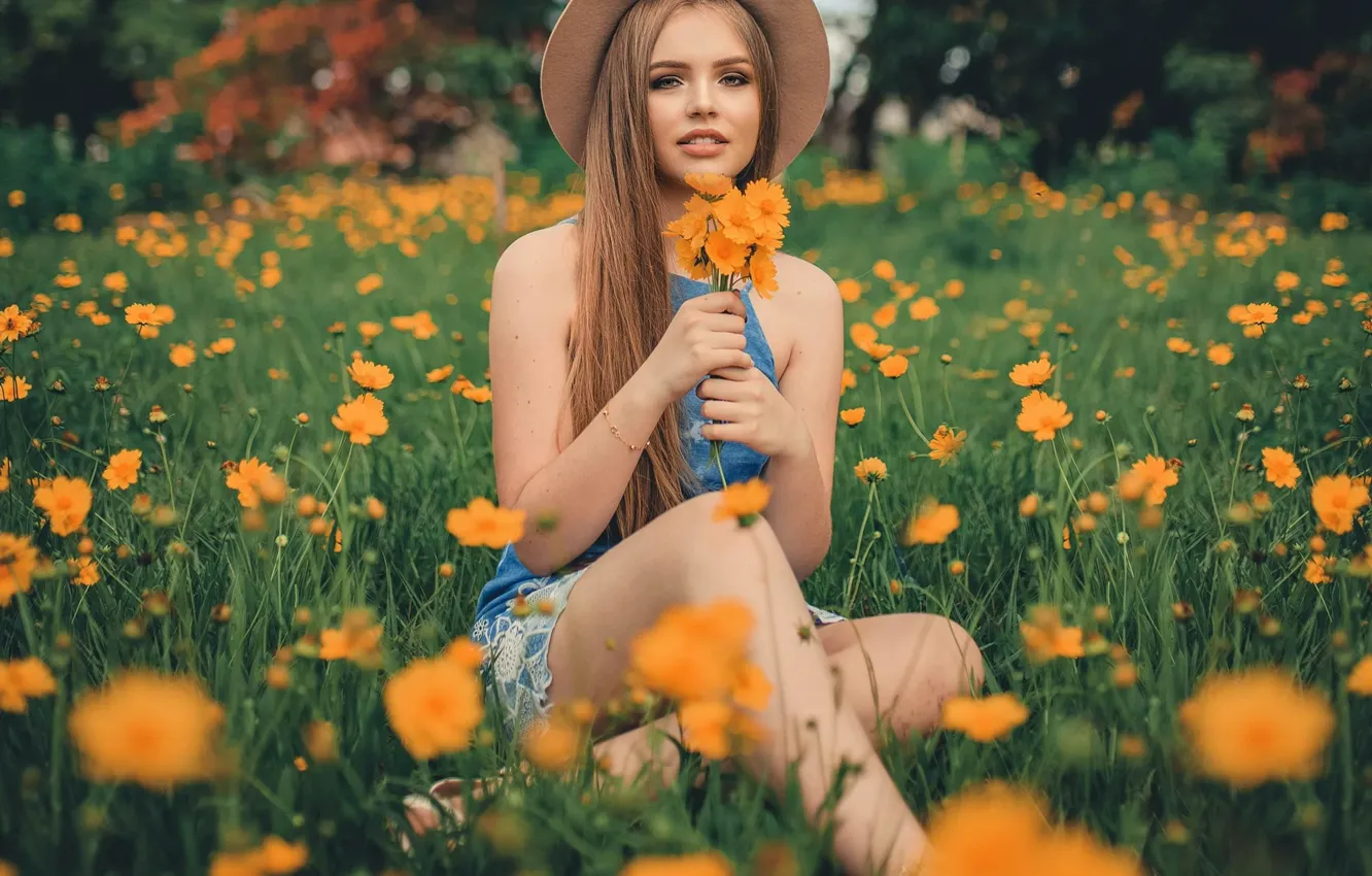 Photo wallpaper girl, flowers, nature, hat, meadow, brown hair, a bunch