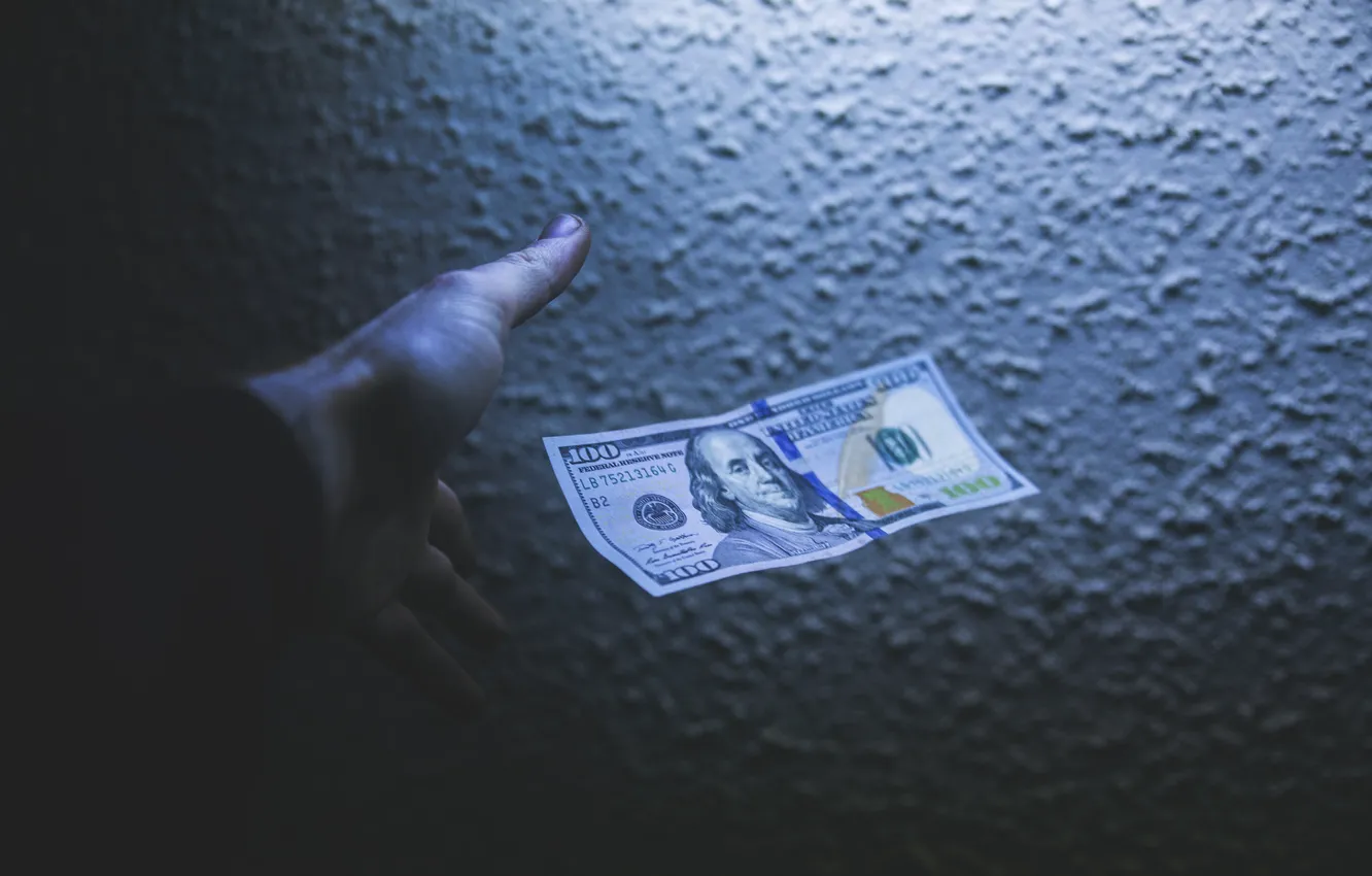 Photo wallpaper Green, Benjamin Franklin, Dollar, Shadow, Money, 100, Hand