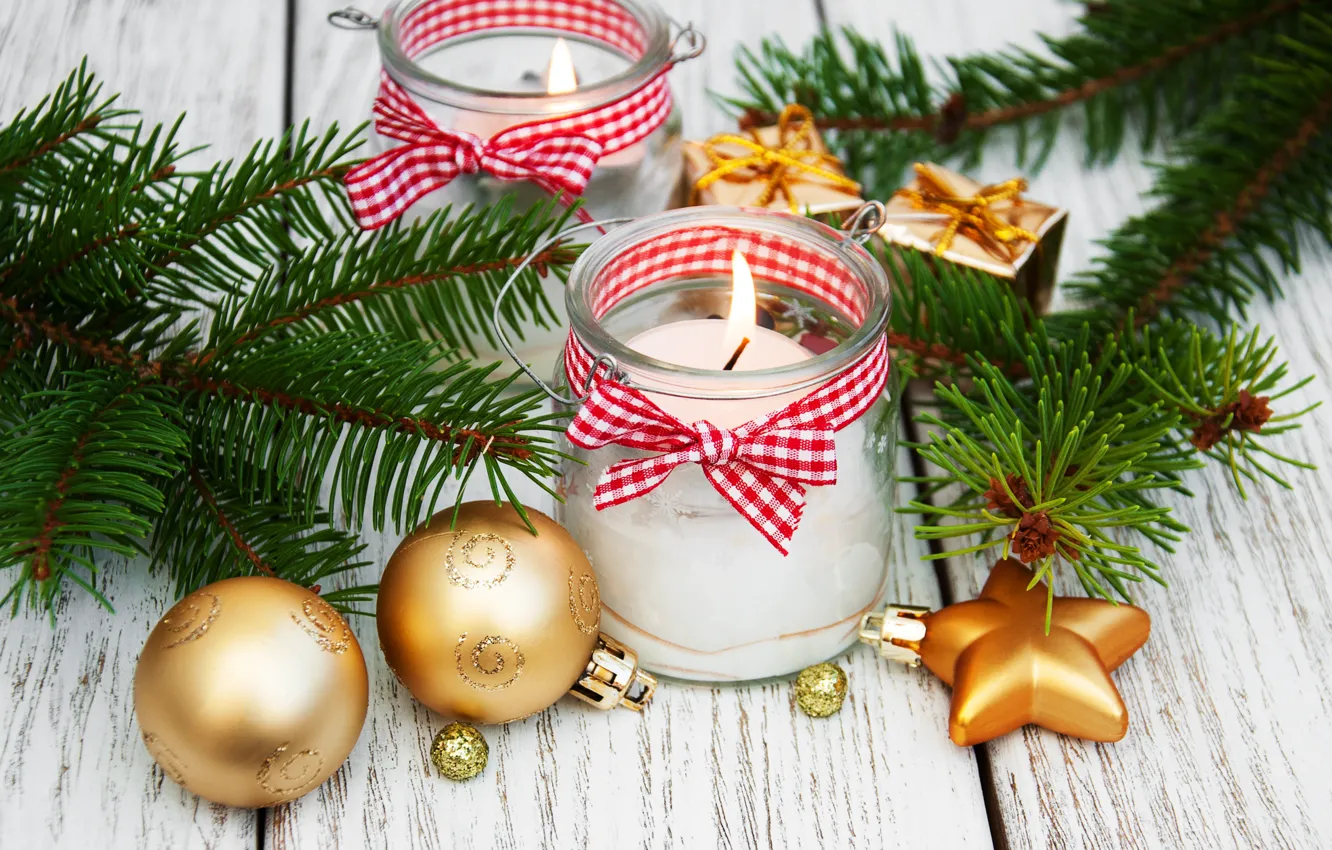 Photo wallpaper decoration, balls, candles, New Year, Christmas, christmas, balls, wood, merry, decoration, candle, fir tree, fir-tree …