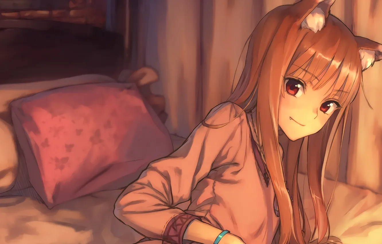 Photo wallpaper look, pillow, red, ears, on the bed, art, Spice and Wolf, Holo, Spice and wolf, …
