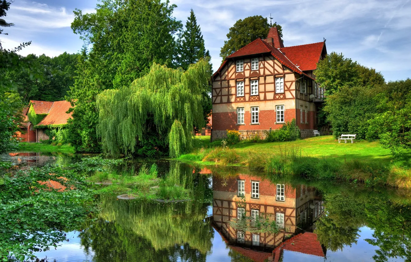 Photo wallpaper summer, trees, reflection, river, Germany, mansion