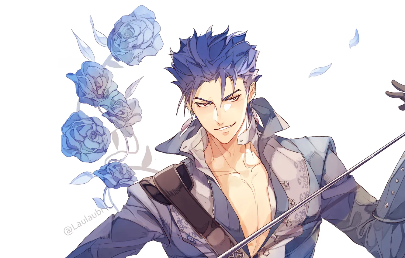 Photo wallpaper smile, roses, Lancer, guy, blue roses, Fate / Stay Night, Fate stay Night