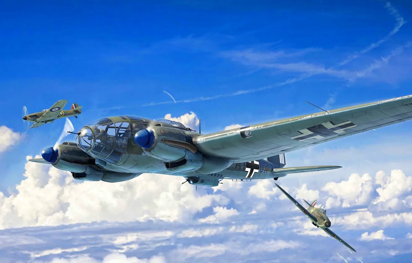 Photo wallpaper Fighter, Bomber, Hawker Hurricane, He 111, Heinkel 111, Twin-engine