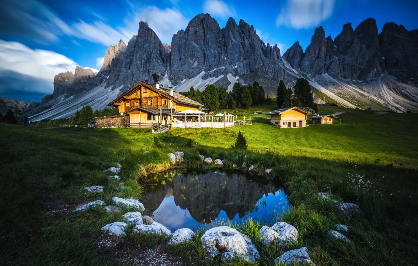 Photo wallpaper grass, clouds, trees, landscape, mountains, nature, stones, home, Italy, pond, meadows, The Dolomites