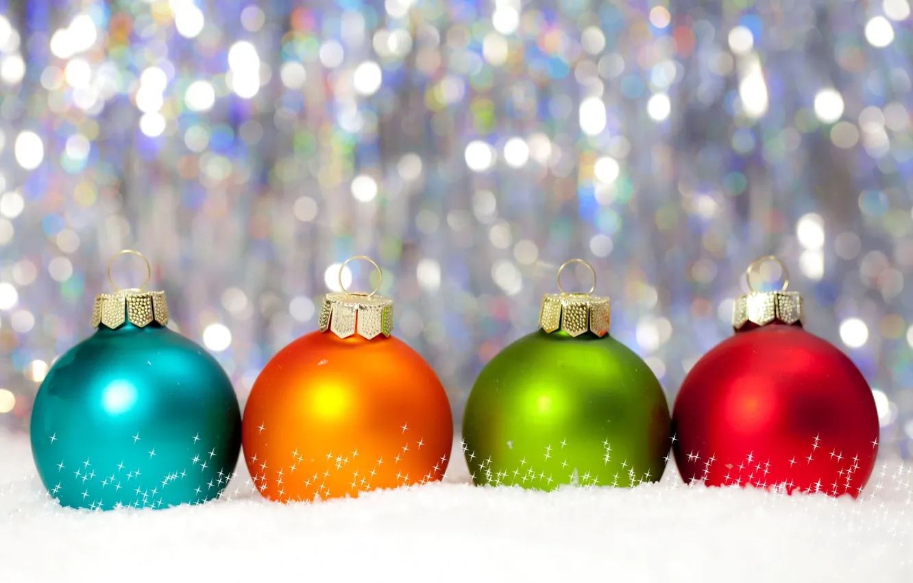 Photo wallpaper balls, snow, glare, balls, Christmas, New year, colorful