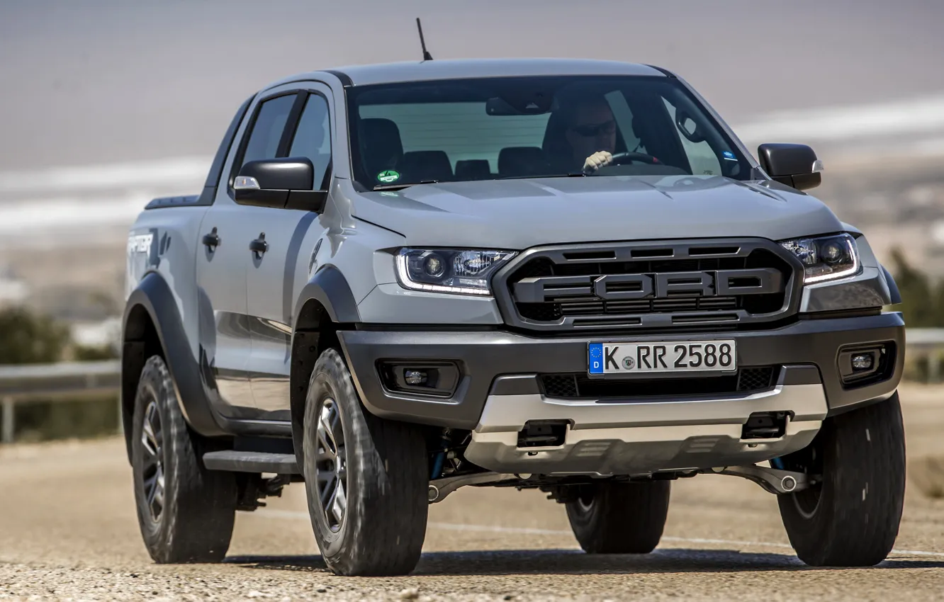 Photo wallpaper grey, Ford, protection, front, Raptor, pickup, Ranger, on the road, 2019